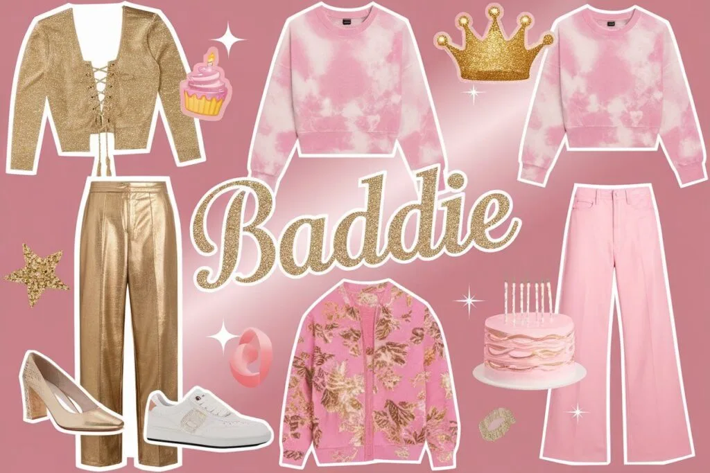Fashion collage with gold and pink items, including a sweater, pants, shoes, and accessories. Word "Baddie" in glittery text. Background is pink with various decorative icons.