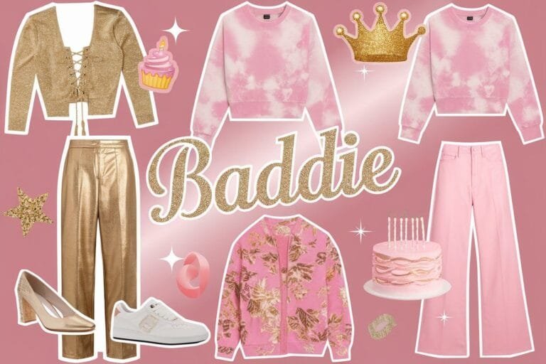 Fashion collage with gold and pink items, including a sweater, pants, shoes, and accessories. Word "Baddie" in glittery text. Background is pink with various decorative icons.