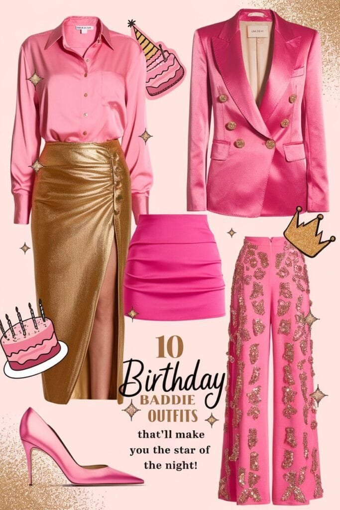 A fashion collage featuring 10 Birthday Baddie Outfits. Includes a pink silk blouse with a gold skirt, pink blazer with gold buttons, pink mini skirt, pink sequined pants, and pink stiletto heels. Decorated with cake and crown illustrations.