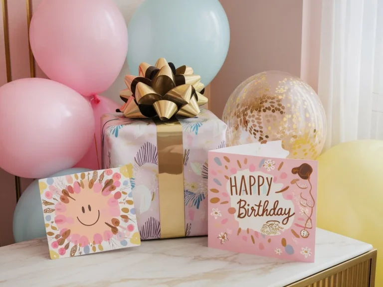 A colorful birthday card, a wrapped gift, and vibrant balloons are arranged on a festive table.