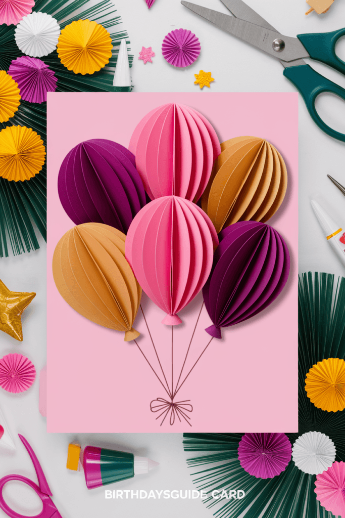 A DIY Balloon Bouquet Card in pink, purple and yellow colors