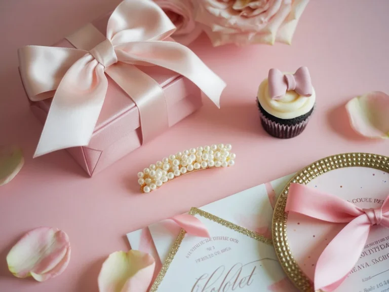 Beautiful pink and bow themed party decor including a pink gifts box with pink satin ribbon and a cute coquette cupcake