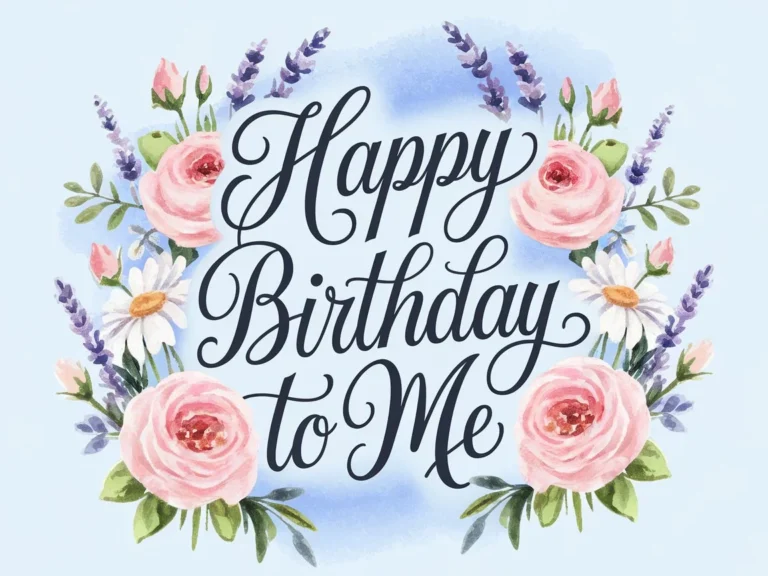 Floral birthday card with the text "Happy Birthday to Me" surrounded by pink roses, daisies, and lavender on a light blue background.