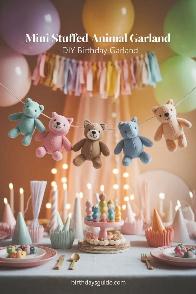 A whimsical mini stuffed animal birthday garland featuring plush teddy bears in pastel colors, strung above a festive party table with colorful decorations, balloons, and soft candlelight.





