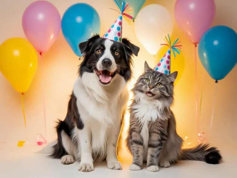 A happy dog and cat wearing colorful party hats, sitting together with balloons in the background, celebrating a pet birthday