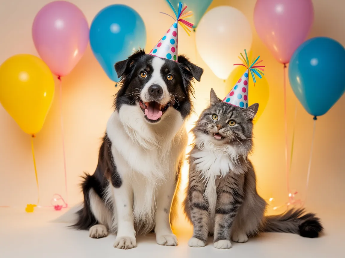 A happy dog and cat wearing colorful party hats, sitting together with balloons in the background, celebrating a pet birthday