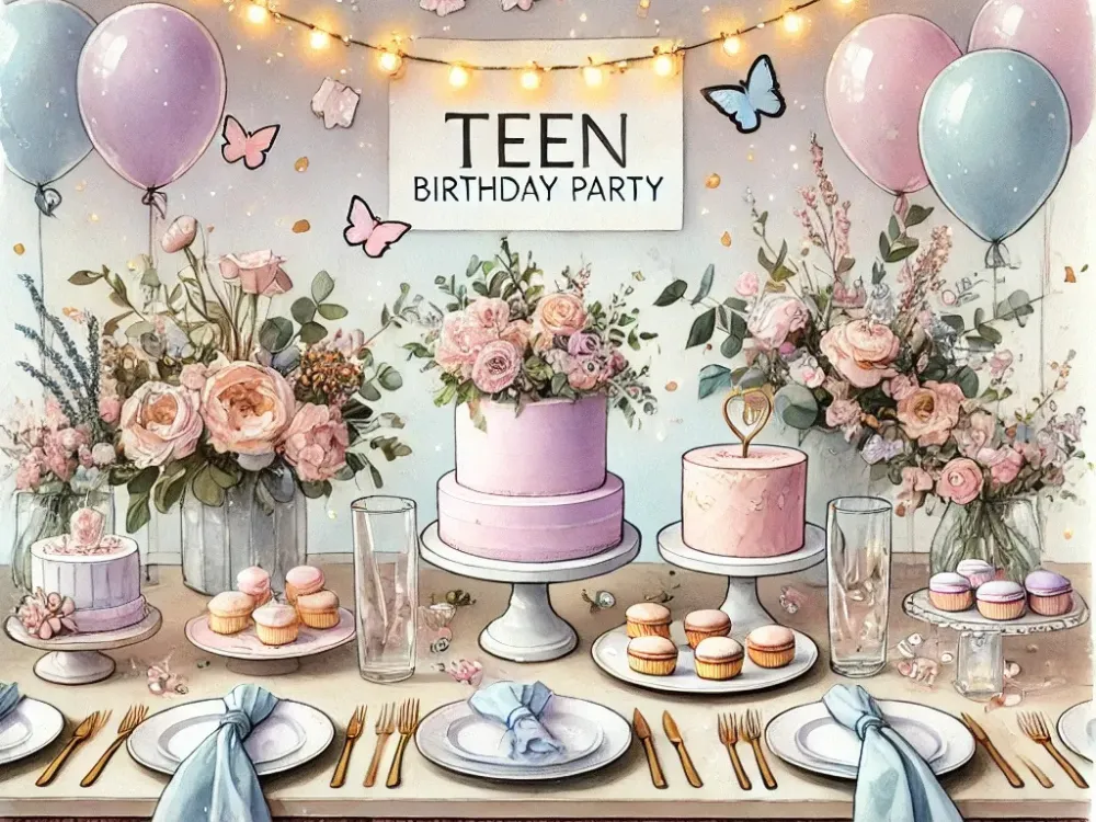Elegant pastel-themed birthday party table for teens featuring pink cakes, balloons, floral bouquets, macarons, cupcakes, gold cutlery, and fairy lights.