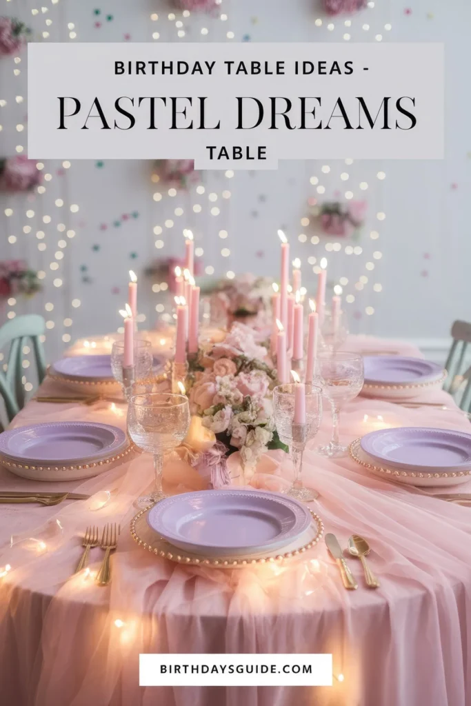 Dreamy pastel birthday table setup with lavender candles, delicate flower centerpiece, fairy lights, and soft confetti accents.