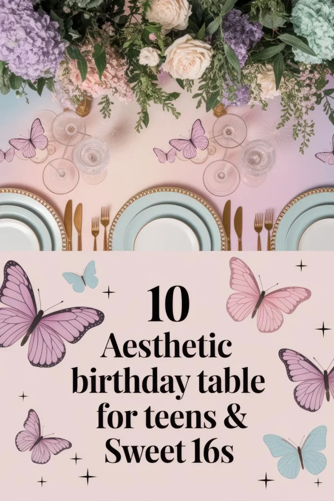 Stylish pastel birthday tablescape featuring butterfly decor, elegant table settings, lush floral arrangements, and soft, dreamy colors.