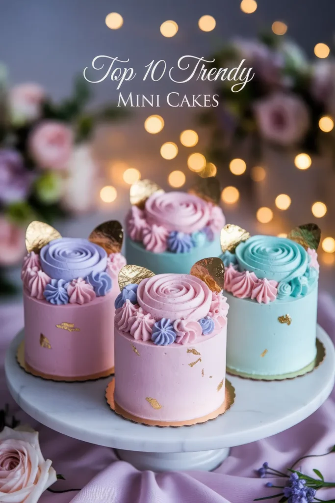 A close-up of mini cakes decorated with buttercream roses, edible flowers, and gold leaf, arranged on a white marble platter with a soft-focus floral background.