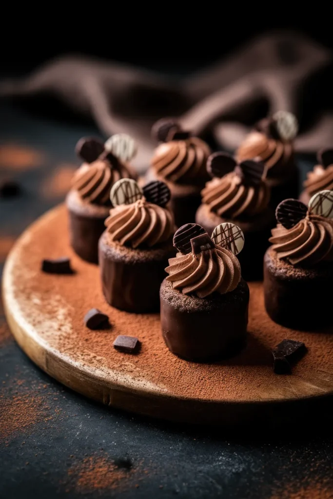 Chocolate Lovers Mini Cakes – Rich chocolate mini cakes covered in silky ganache, topped with chocolate curls and cocoa powder, placed on a dark wooden board for a moody aesthetic.