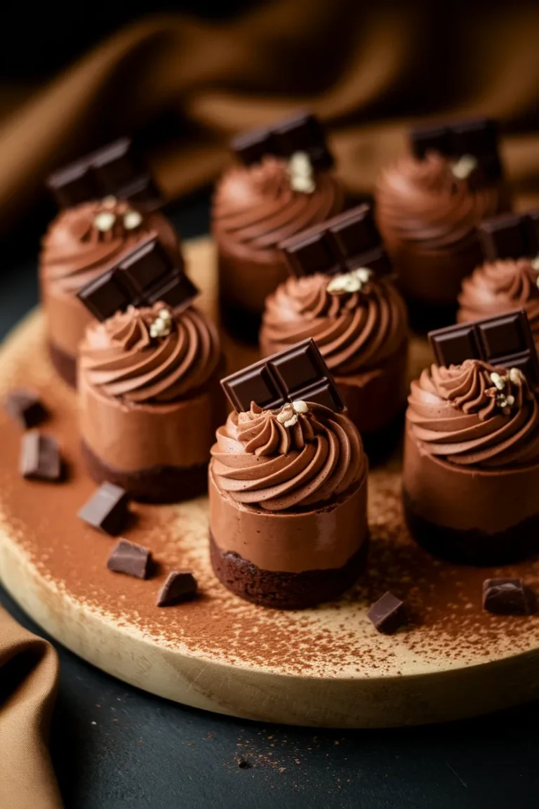 Rich chocolate mini cakes topped with swirls of chocolate buttercream, chocolate squares, and edible gold flakes, displayed on a wooden serving board with cocoa powder dusting.