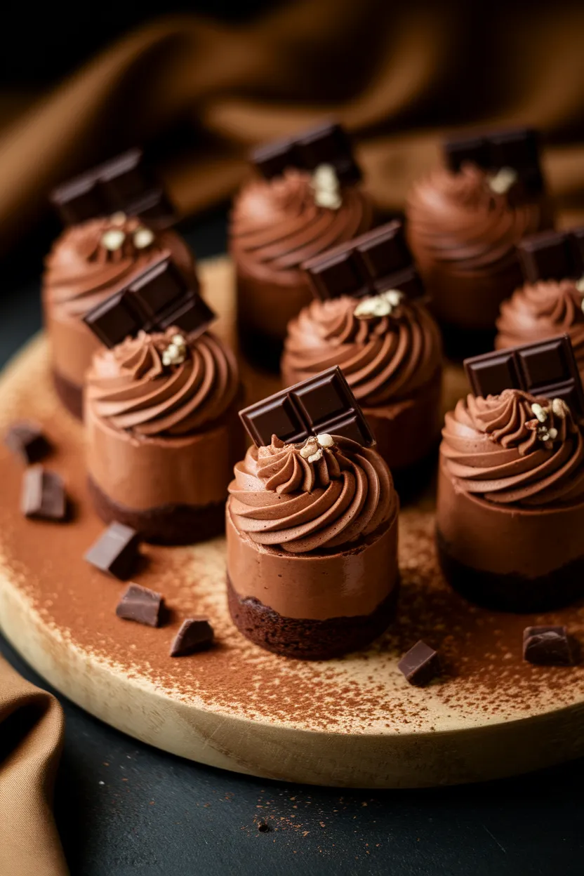 Rich chocolate mini cakes topped with swirls of chocolate buttercream, chocolate squares, and edible gold flakes, displayed on a wooden serving board with cocoa powder dusting.