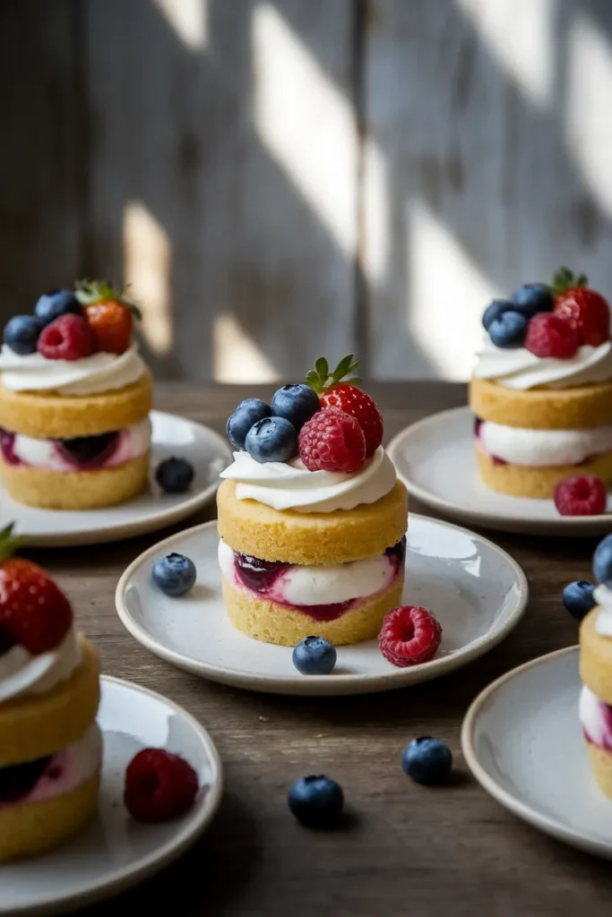 Berry Bliss Mini Cakes – Vanilla mini cakes with fresh berry filling, topped with whipped cream and a mix of strawberries, blueberries, and raspberries, placed on a rustic ceramic plate.