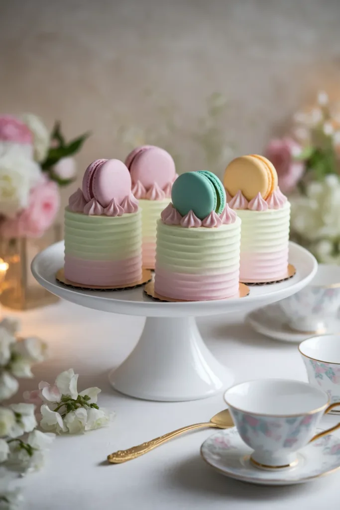 Macaron-Topped Mini Cakes – Sophisticated mini cakes with pastel-colored buttercream, delicately piped edges, and a French macaron on top, displayed on an elegant cake stand.