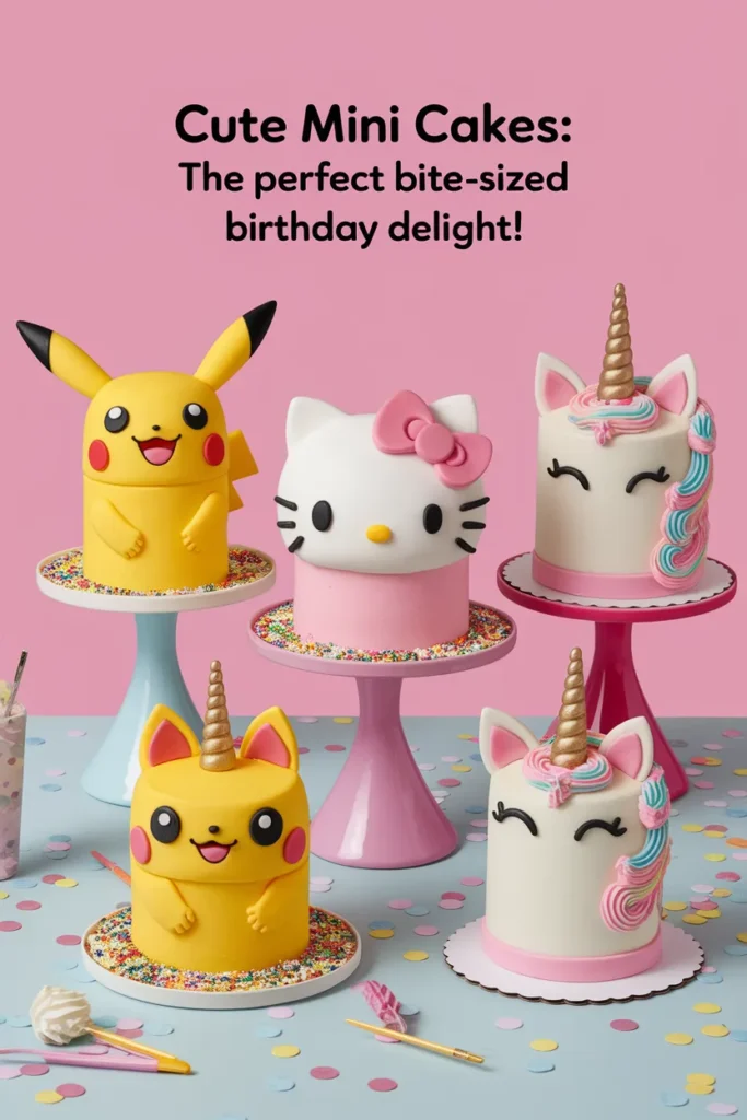 haracter-Themed Mini Cakes – Adorable mini cakes featuring designs inspired by Pikachu, Hello Kitty, and a unicorn, placed on a fun birthday table with confetti and party decorations.