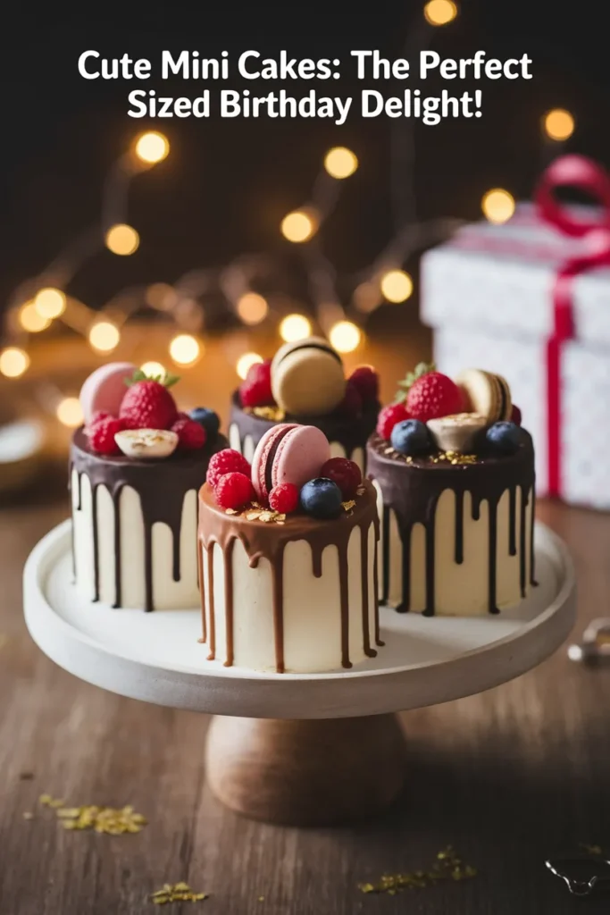 Drip Mini Cakes – Mini cakes with chocolate and caramel drips, topped with fresh berries and macarons, presented on a rustic wooden stand with a blurred festive background.