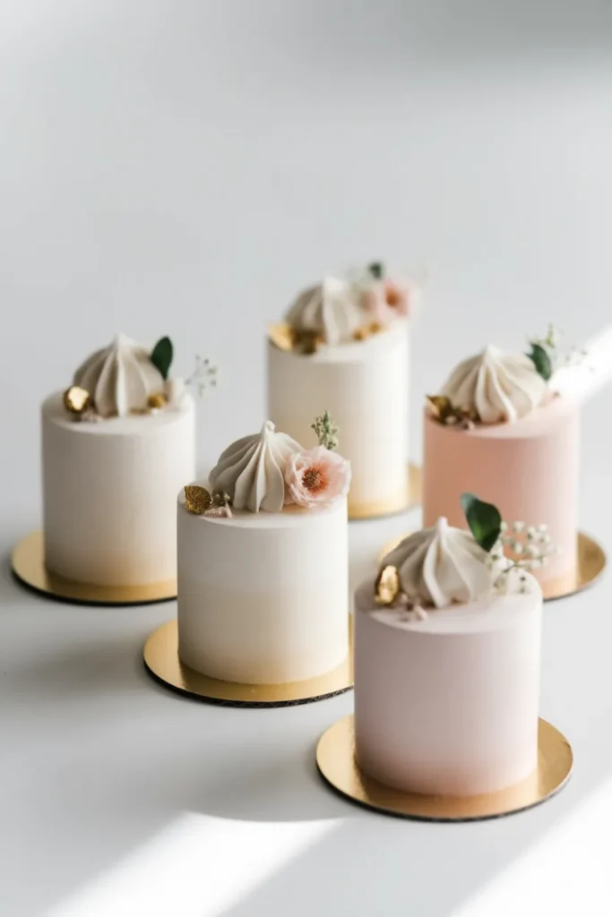 Minimalist Aesthetic Mini Cakes – Elegant mini cakes with clean lines, muted tones, and gold foil accents, arranged on a minimalist white surface with soft natural lighting.