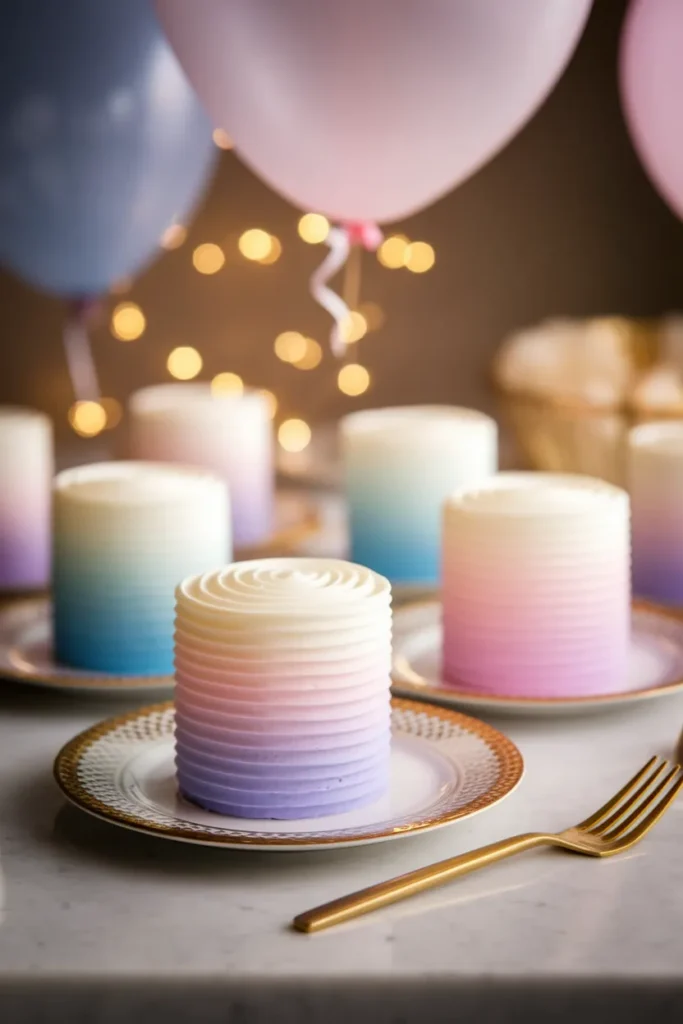 Pastel Ombre Mini Cakes – Small cakes with a smooth ombre frosting transitioning from white to pastel pink, blue, and lavender, placed on a gold-rimmed plate with soft lighting.