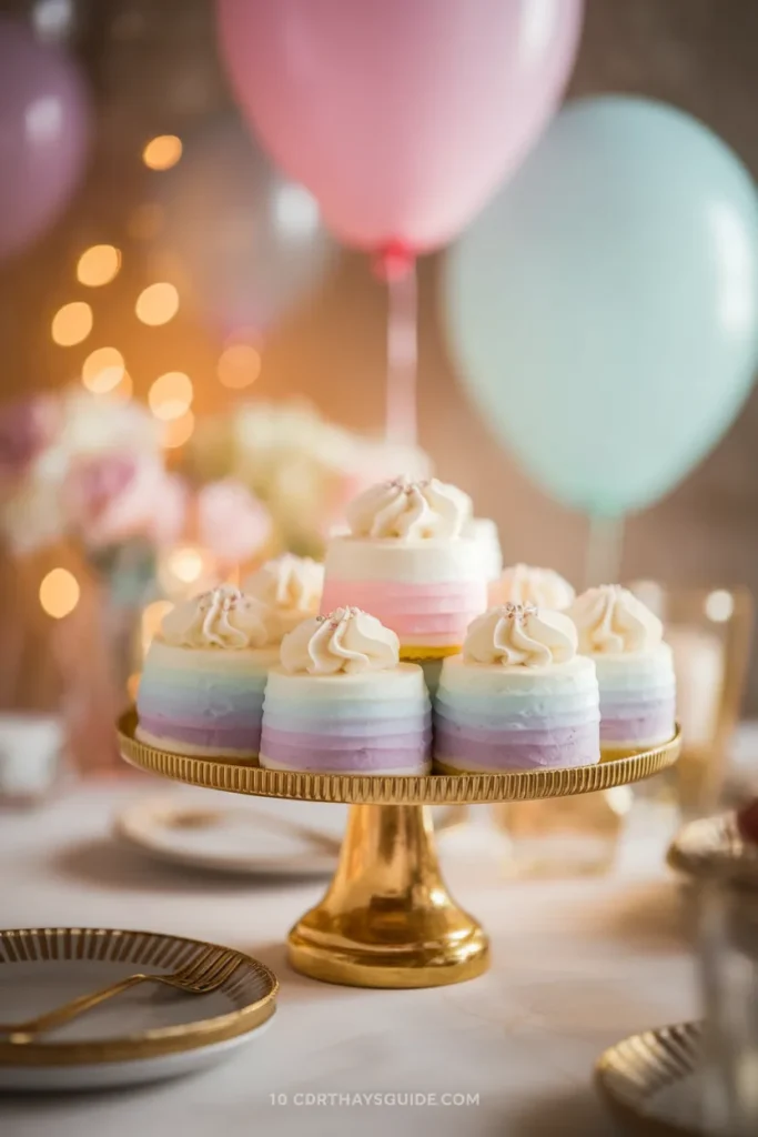 astel Ombre Mini Cakes – Small cakes with a smooth ombre frosting transitioning from white to pastel pink, blue, and lavender, placed on a gold-rimmed plate with soft lighting.