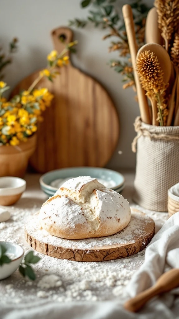Freshly baked artisan bread on a wooden board, surrounded by baking flour and rustic kitchen tools with a warm and inviting atmosphere.