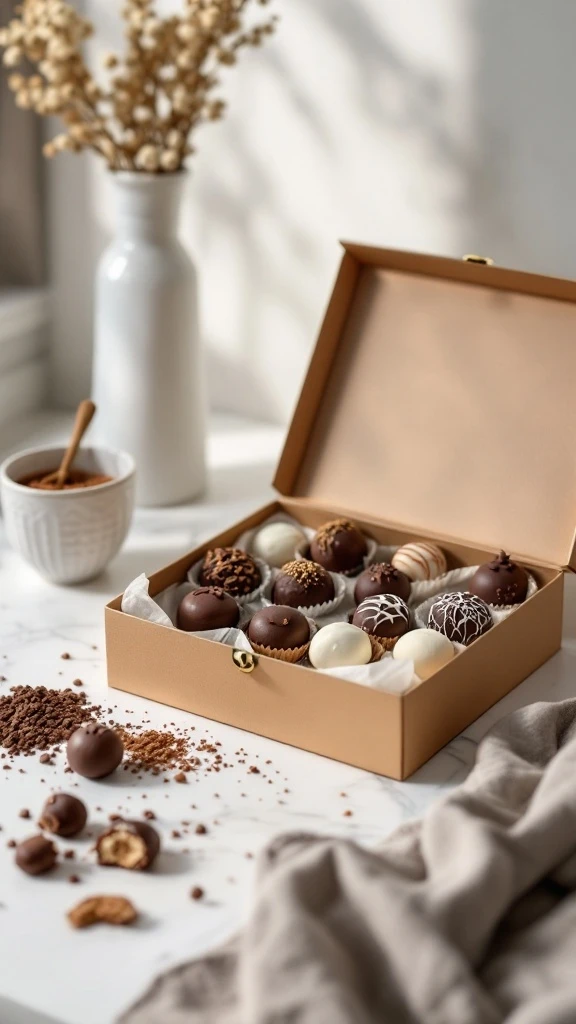 Elegant box of assorted chocolate truffles in various designs and flavors, styled on a marble counter with cocoa powder and a ceramic mug.