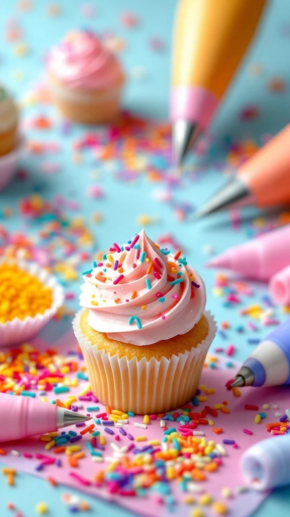 Brightly decorated cupcake with pink swirled frosting and colorful sprinkles, surrounded by piping bags and scattered decorations on a pastel background.