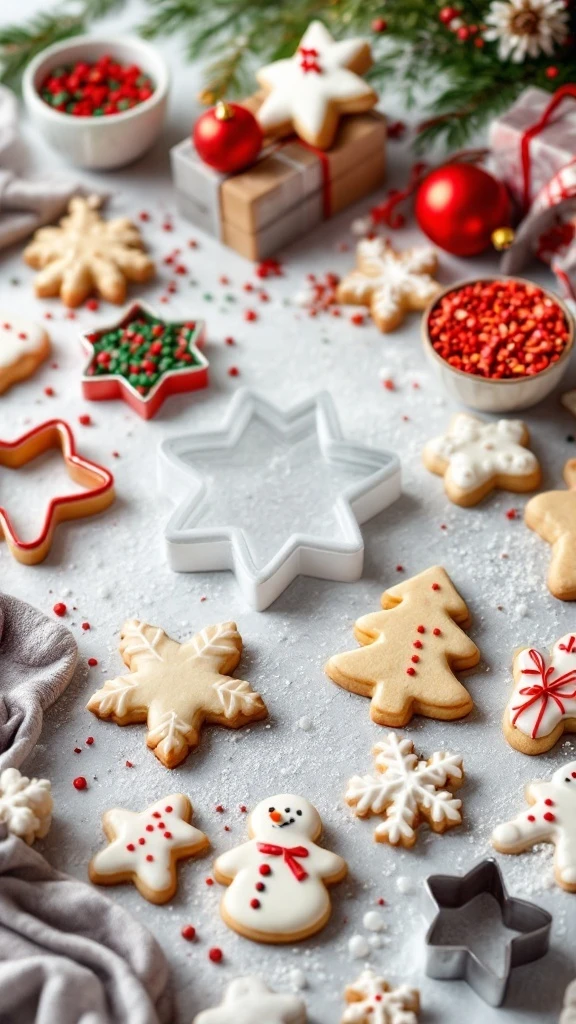 Festively decorated Christmas sugar cookies in holiday shapes with icing and sprinkles, surrounded by cookie cutters, red ornaments, and festive props.