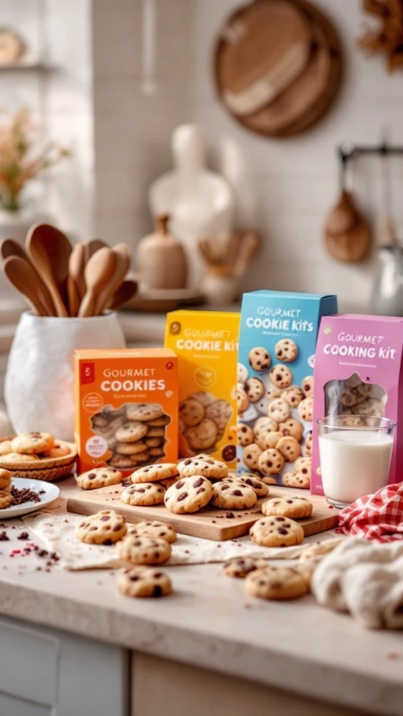 Assortment of gourmet cookie kits in colorful boxes, with freshly baked cookies and a glass of milk on a wooden kitchen countertop.