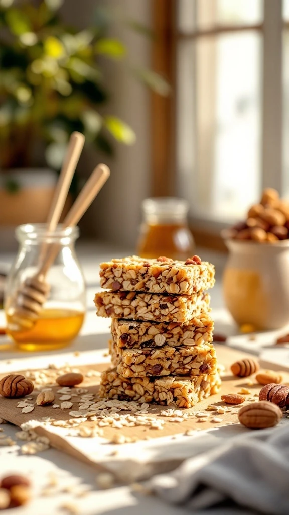 Stack of homemade granola bars with oats, nuts, and honey, styled on a cutting board with jars of honey and scattered almonds in sunlight.
