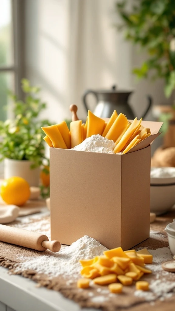 A cardboard box filled with flour, pasta sheets, and a rolling pin on a kitchen counter surrounded by lemons, fresh herbs, and baking tools in soft natural light.