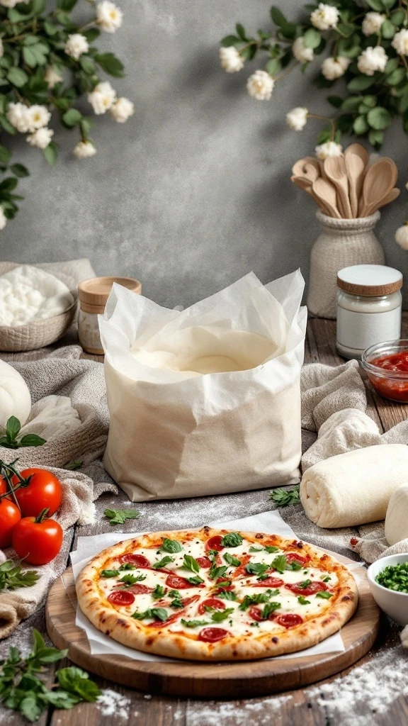 Homemade pepperoni pizza on a wooden board with fresh ingredients, herbs, and pizza dough in a cozy kitchen setup with rustic floral decor.