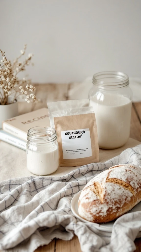 Sourdough starter kit with jars, a labeled pouch, and a crusty sourdough loaf on a striped towel in a minimal, cozy kitchen setting.