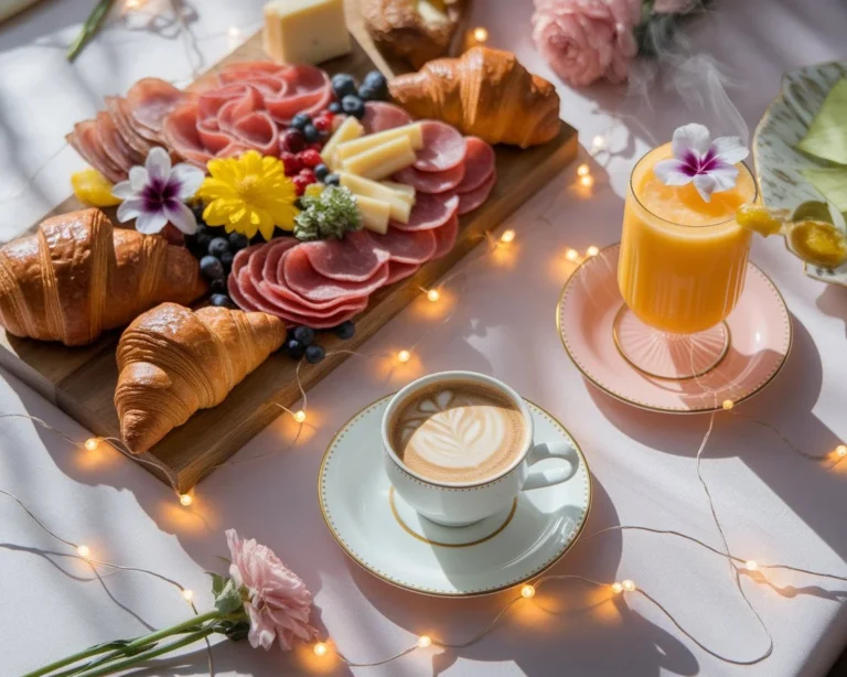Elegant brunch table with a charcuterie board, coffee and a big glass of orange juice.