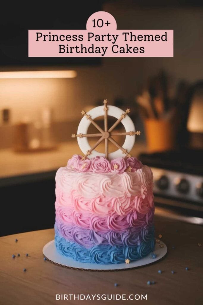 A pink, purple, and blue ombré princess-themed birthday cake with rosette frosting and a "spinning the wheel" fondant topper. Perfect for a royal celebration.