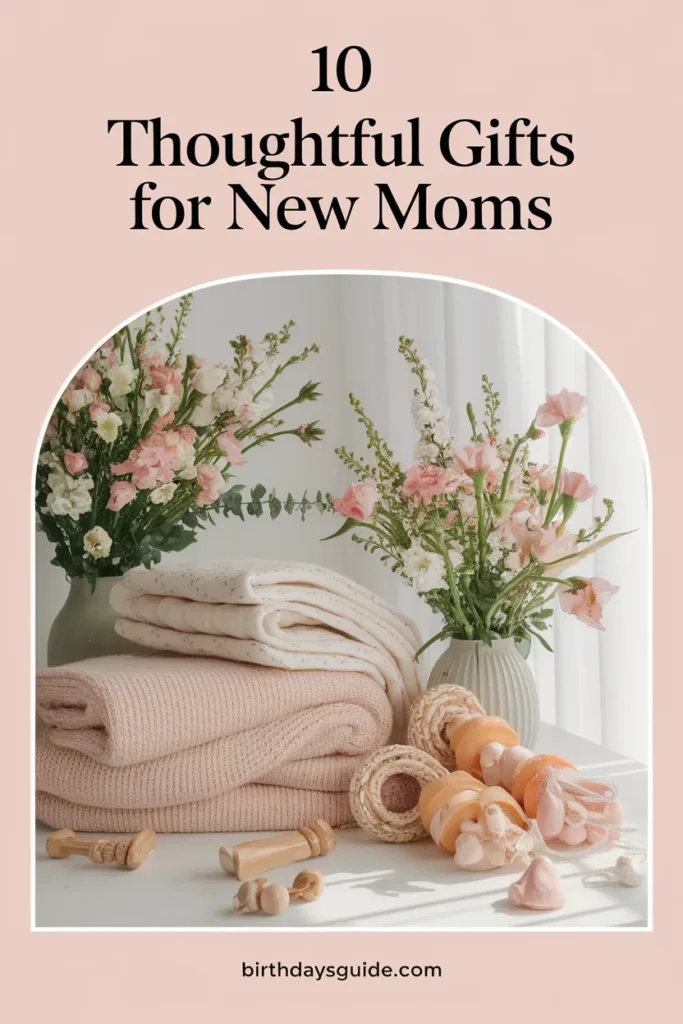 A cozy and elegant gift arrangement for new moms, featuring soft pink blankets, floral decor, and natural baby accessories. Perfect for a thoughtful and comforting present.