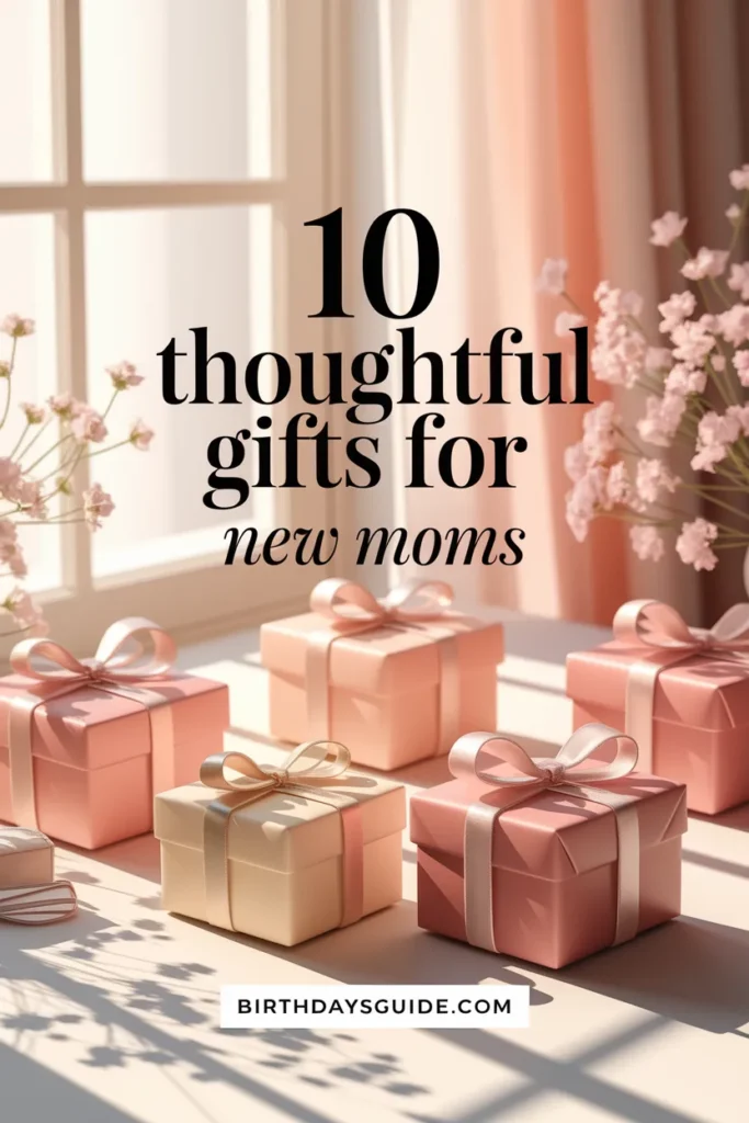 Beautifully wrapped pastel pink gift boxes for new moms, displayed in warm natural light with delicate floral decor. A stylish and thoughtful birthday gift idea.