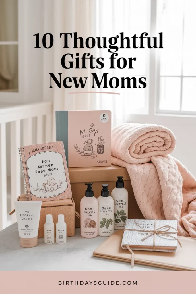 A carefully curated new mom gift set featuring self-care products, journals, and cozy blankets, perfect for relaxation and postpartum care
