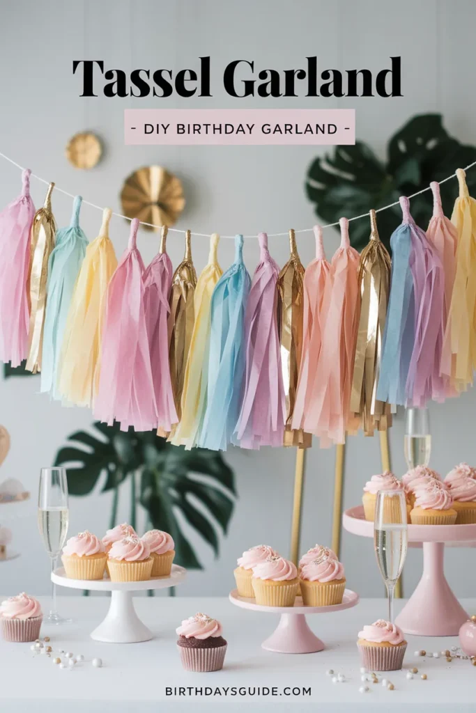 Pastel and gold tassel garland hanging above a stylish birthday dessert table with pink frosted cupcakes, champagne glasses, and elegant gold accents.