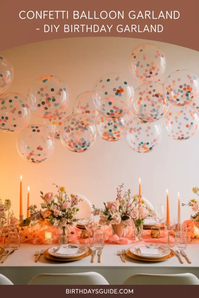 A confetti balloon garland featuring clear balloons filled with colorful confetti, floating above an elegant birthday table decorated with pastel floral arrangements, pink taper candles, and fine tableware.