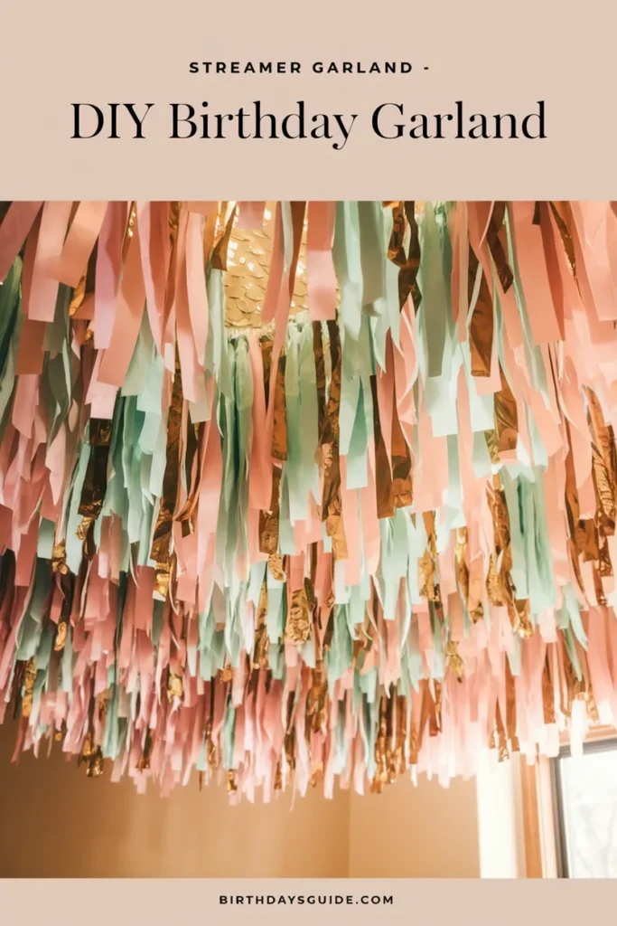 A vibrant streamer birthday garland featuring cascading pastel pink, mint green, and metallic gold streamers hanging from the ceiling, creating a festive and dynamic party atmosphere.





