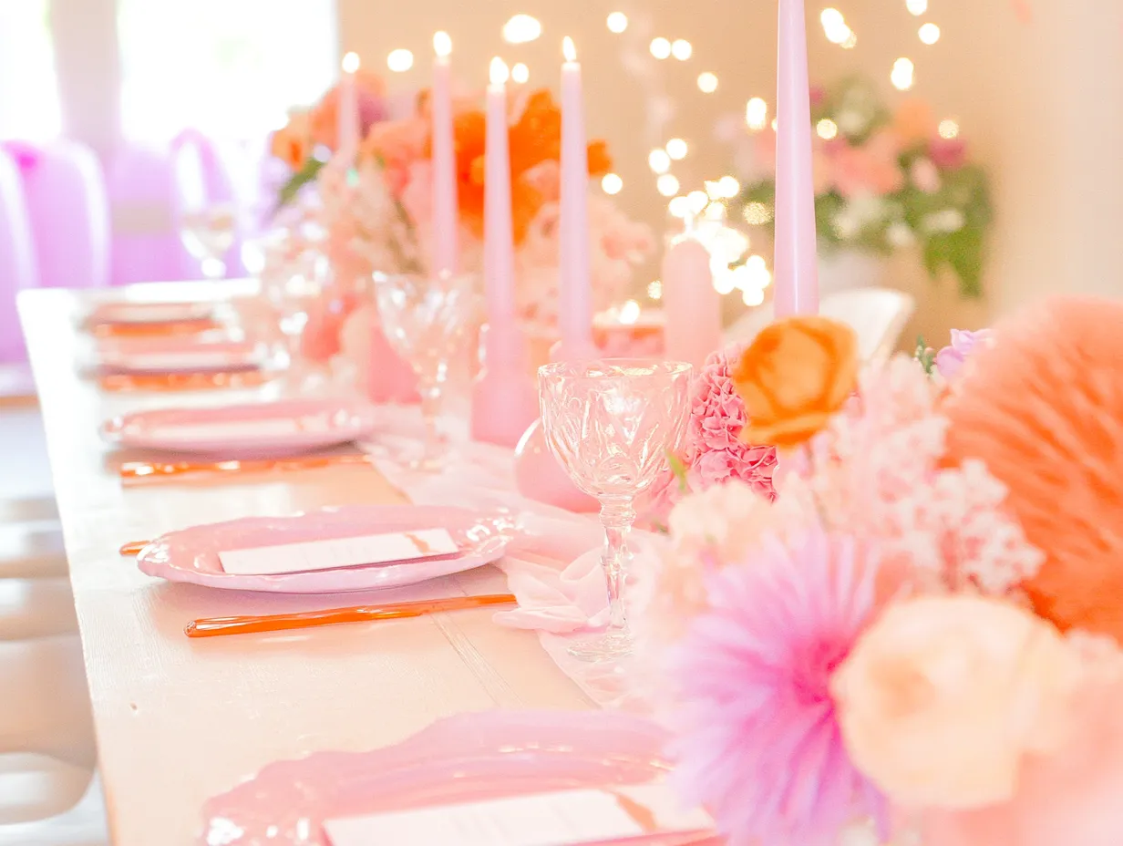 Elegant pink-themed birthday table setting with pastel floral arrangements, pink taper candles, and a delicate birthday garland in the background.