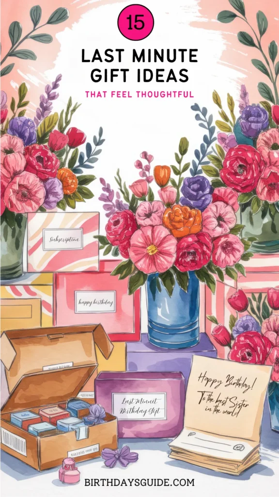 Collage of thoughtful last-minute birthday gift ideas including digital gift cards, same-day flowers, subscription boxes, spa kits, and personalized playlists for quick and meaningful gifting