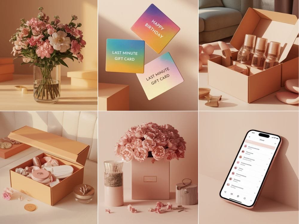 Collage of thoughtful last-minute birthday gift ideas including digital gift cards, same-day flowers, subscription boxes, spa kits, and personalized playlists for quick and meaningful gifting.