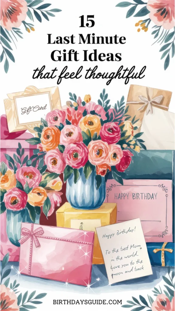 An illustrated image featuring beautifully wrapped presents, vibrant flower bouquets, gift boxes, and heartfelt greeting cards, showcasing creative and thoughtful birthday gifts that can be organized quickly yet still feel personal and special. Perfect inspiration for stress-free gifting when you're tight on time.