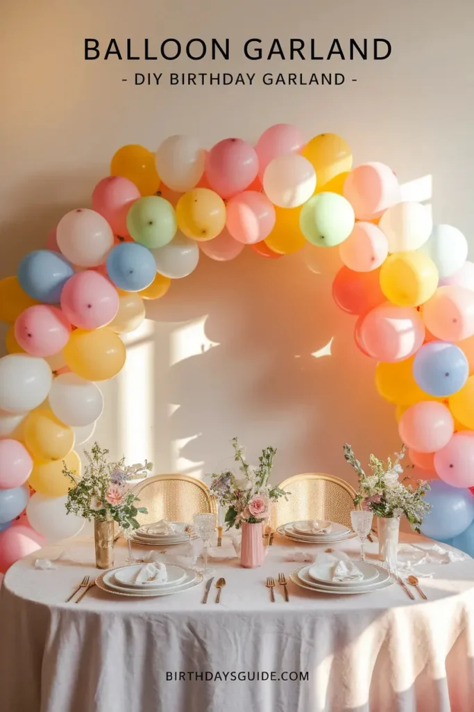 Pastel balloon garland arch framing an elegant birthday table setup with floral centerpieces, fine tableware, and gold-accented chairs. Warm sunlight enhances the light and airy atmosphere.
