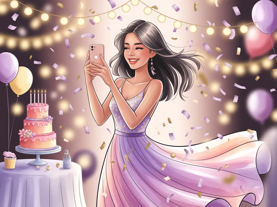 A happy young woman in a flowing pastel dress takes a selfie with her iPhone at a festive birthday party, surrounded by confetti, balloons, fairy lights, and a decorated pink cake.