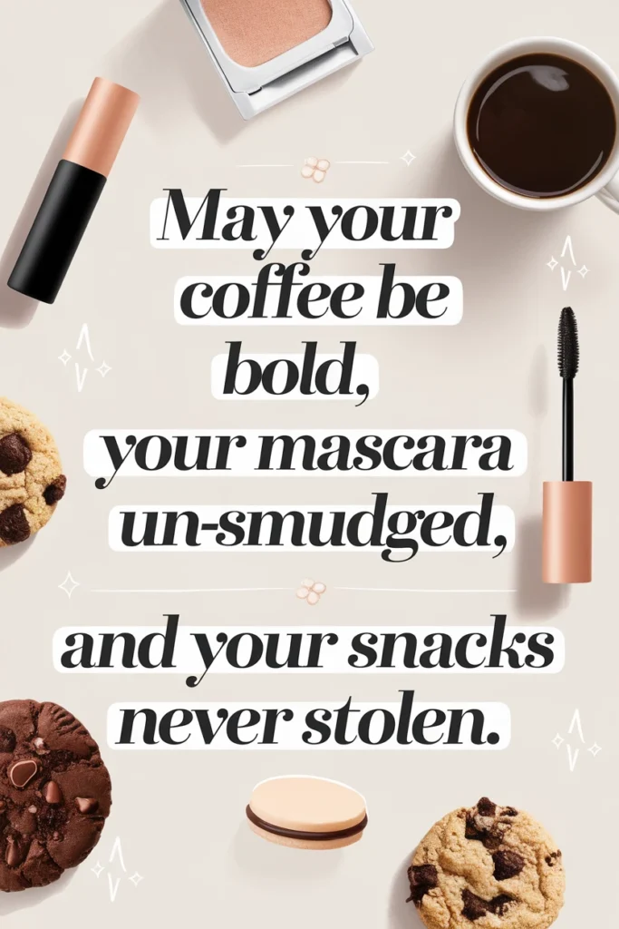 Stylish birthday graphic featuring the playful quote "May your coffee be bold, your mascara un-smudged, and your snacks never stolen," surrounded by a coffee cup, mascara wand, makeup essentials, chocolate chip cookies, and a macaron on a soft, neutral background.