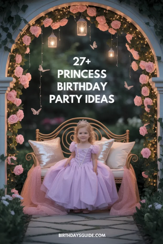 A little girl dressed as a princess posing in front of a dreamy floral arch with twinkling fairy lights. A magical setup for a princess birthday party.