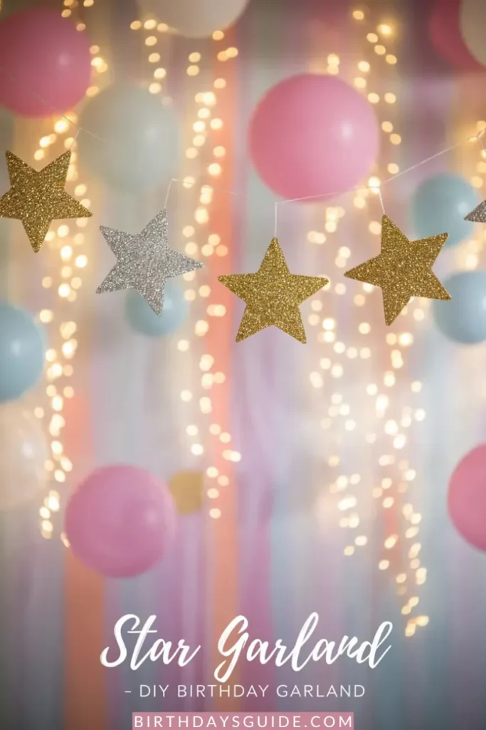 A glittering star birthday garland featuring gold and silver stars strung against a dreamy backdrop of twinkling fairy lights, pastel balloons, and soft-colored streamers.